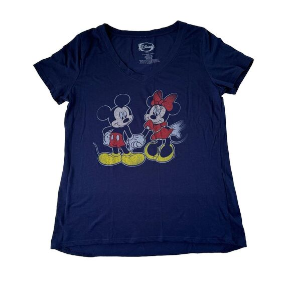 Disney Womens Large Blue Short Sleeve Mickey Minnie Mouse Graphic V Neck Tee - Picture 1 of 8